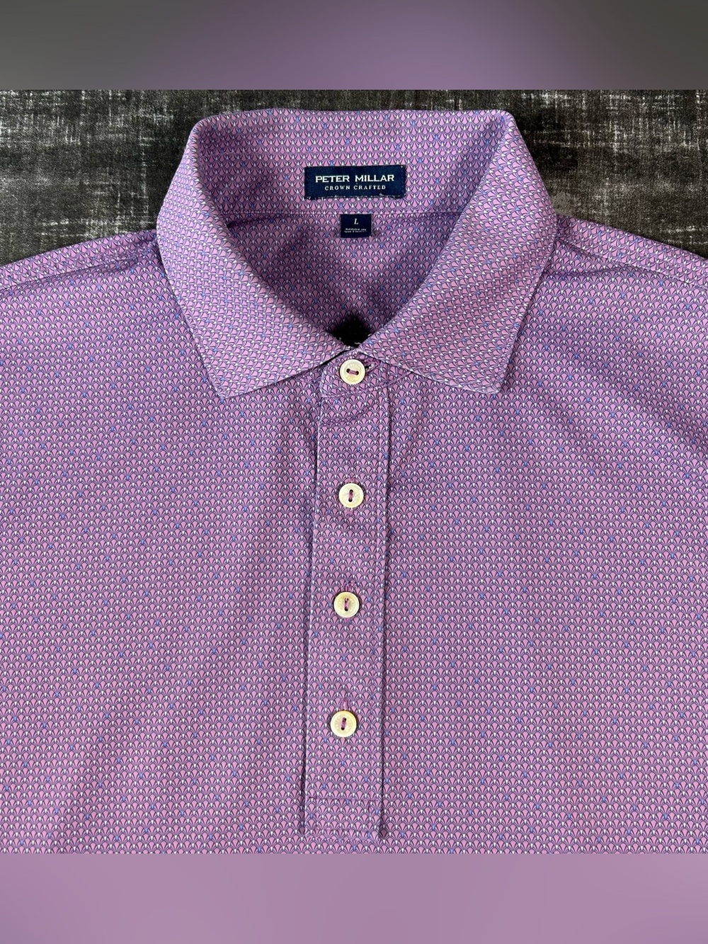 Peter Millar Crown Crafted Polo Mens Large Purple Geometric Fan"Oak Hills" Shirt